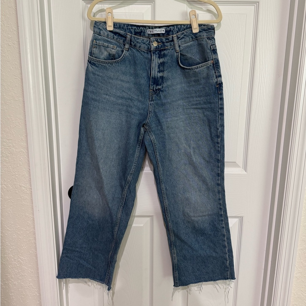 Zara High-Rise Cropped Flare Jeans - Blue